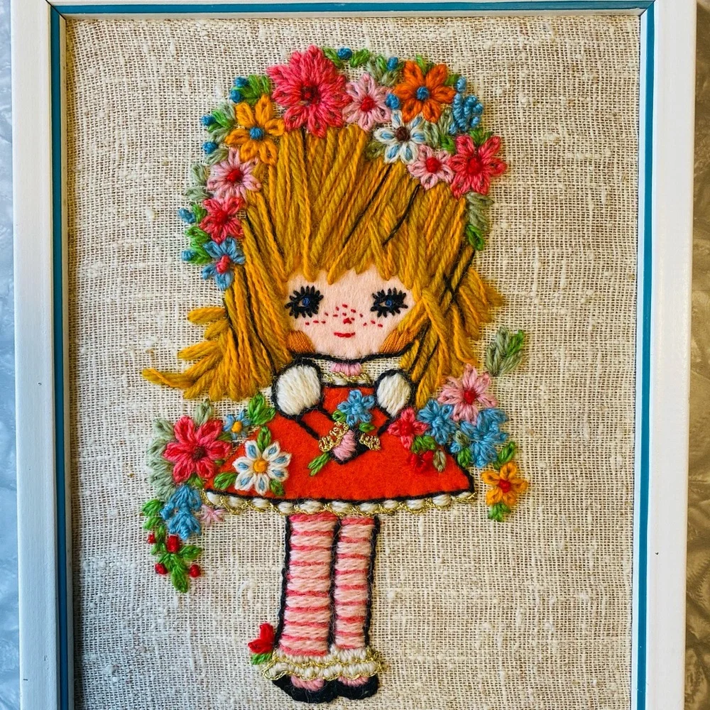 RARE - Vintage Bucilla Completed Needlecraft Kit- Flower Children Stitchery set - Picture 6 of 11